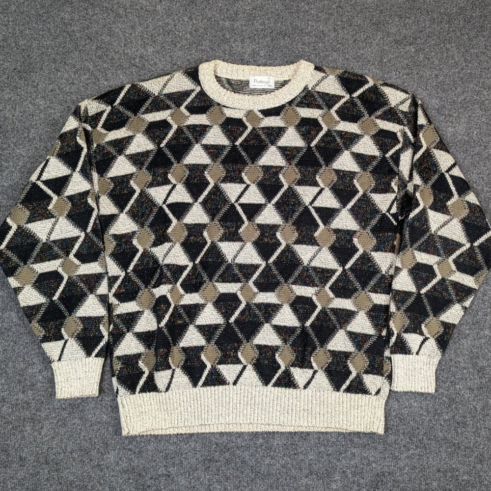 Protege Vintage Mens XL Geometric Triangle Knit Crewneck Sweater Made in USA